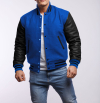 Bright Royal Blue Wool Black Leather Sleeves Letterman Jacket